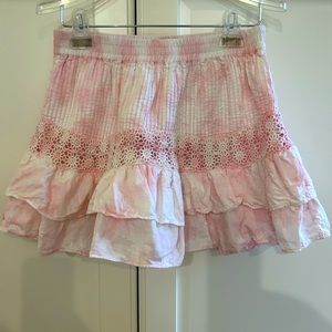 Adorable Loveshackfancy pink and white hand dyed mini skirt, size Small
